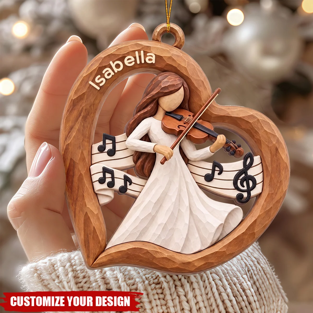 Violin Girl Heart Keepsake Personalized Wooden Ornament - Custom Christmas Holiday Gift for Daughter Musician