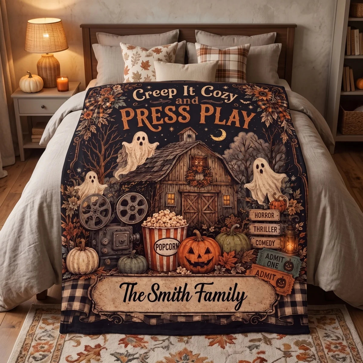 "Creep It Cozy and Press Play" Personalized Halloween Blanket - Custom Family Name Movie Night Throw Decor