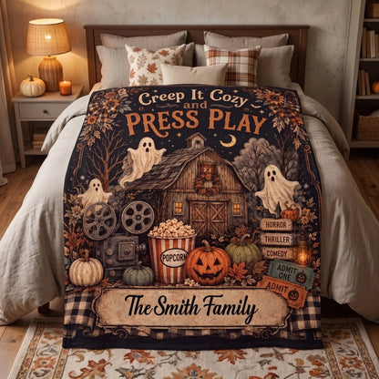 "Creep It Cozy and Press Play" Personalized Halloween Blanket - Custom Family Name Movie Night Throw Decor