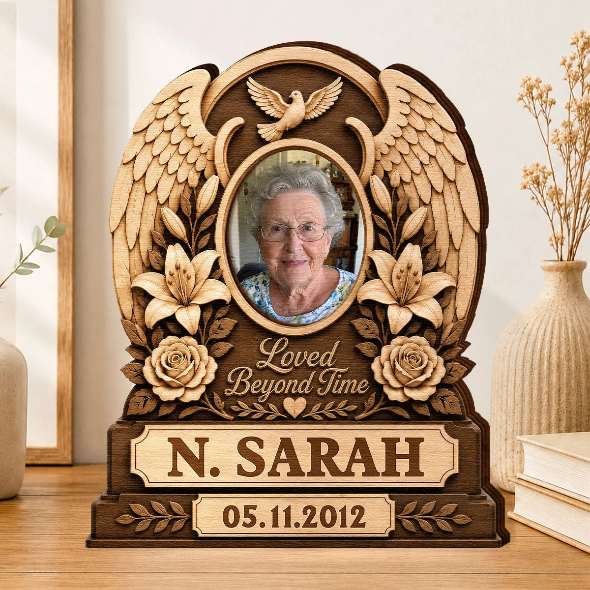 "Loved Beyond Time" Personalized Memorial Photo Wooden Block - Custom Sympathy Keepsake Gift for Loss of Loved One