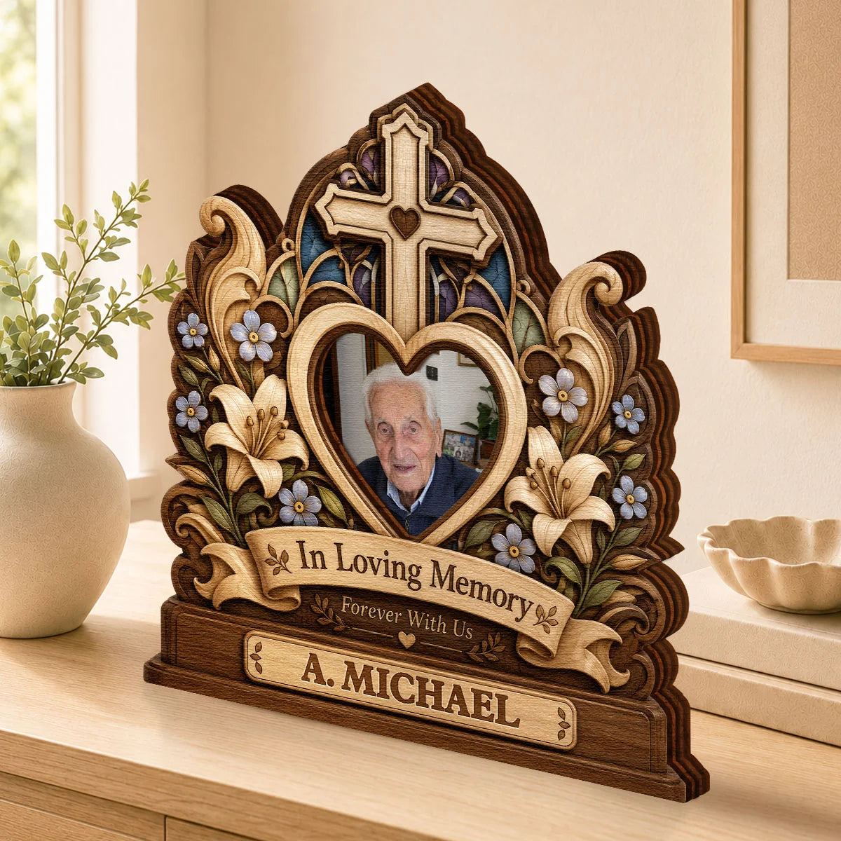In Loving Memory Custom Photo Cross Wooden Block - Personalized Memorial Keepsake Gift for Family