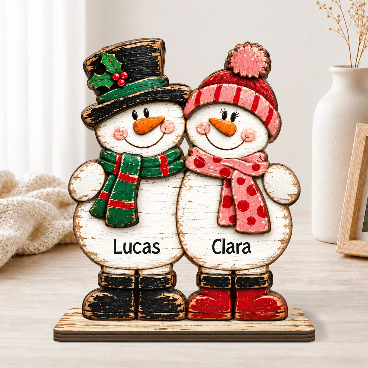 Rustic Snowman Couple Personalized Wooden Plaque - Romantic Christmas Keepsake for Couples