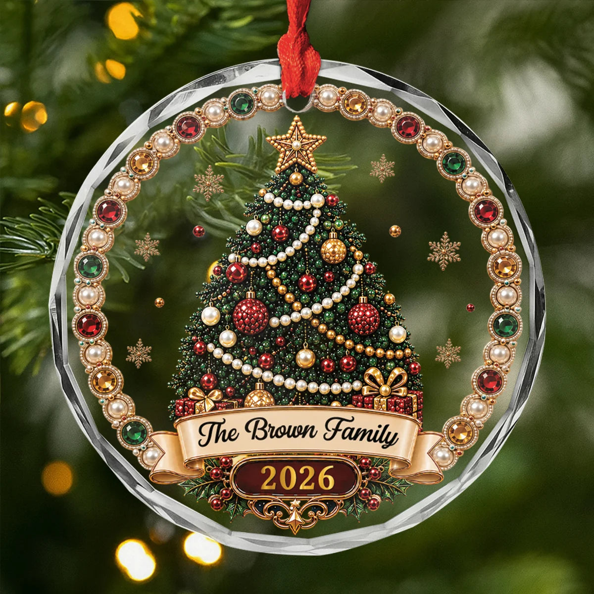 Jeweled Christmas Tree Personalized Family Name Glass Ornament - Custom Christmas Keepsake Gift for Family
