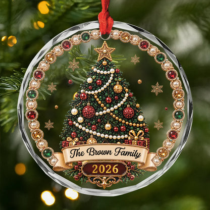 Jeweled Christmas Tree Personalized Family Name Glass Ornament - Custom Christmas Keepsake Gift for Family