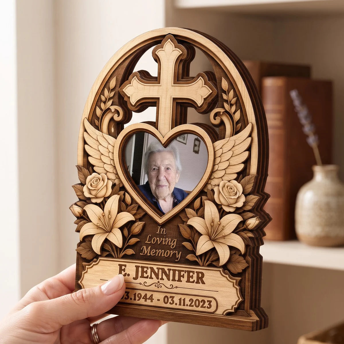"In Loving Memory" Personalized Memorial Wooden Block - Custom Photo Cross Gift for Family