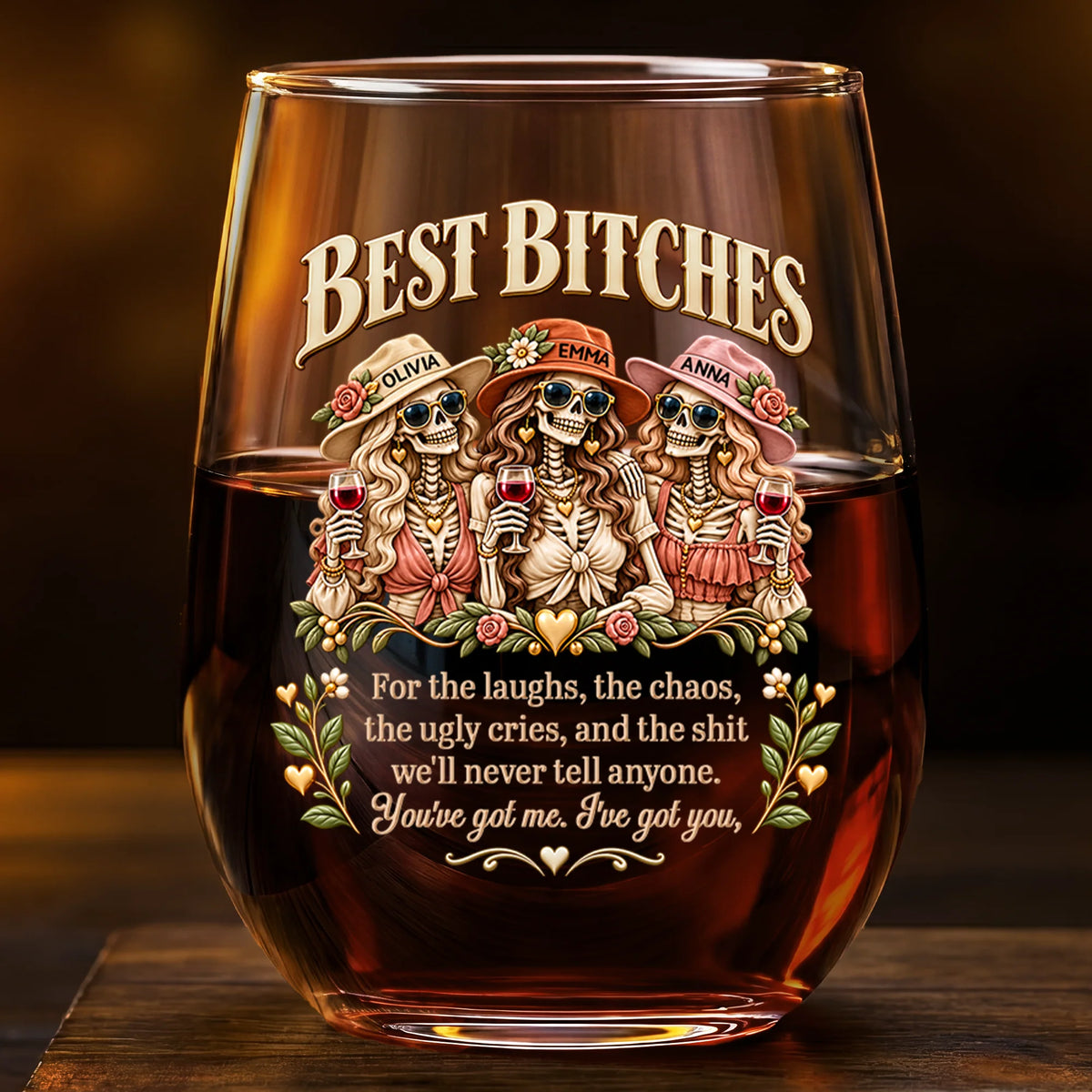 "Best Bitches" Funny Skeleton Stemless Wine Glass - Halloween Birthday Gift for Best Friends