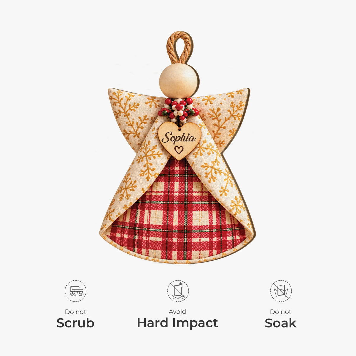 Rustic Plaid Angel Personalized Wooden Ornament - Custom Name Christmas Keepsake for Family