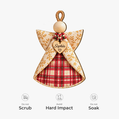 Rustic Plaid Angel Personalized Wooden Ornament - Custom Name Christmas Keepsake for Family
