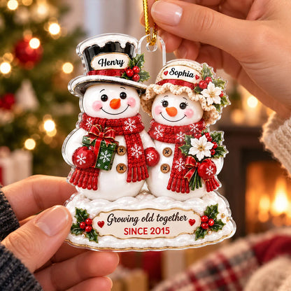"Growing Old Together" Snowman Couple Personalized Acrylic Ornament - Christmas Gift for Couples