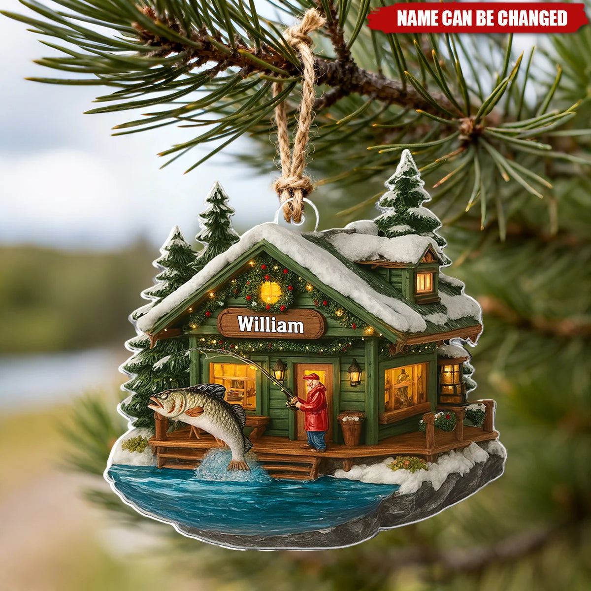 Personalized Fishing Cabin Acrylic Ornament – Custom Name, Christmas Gift for Dad, Husband, or Angler