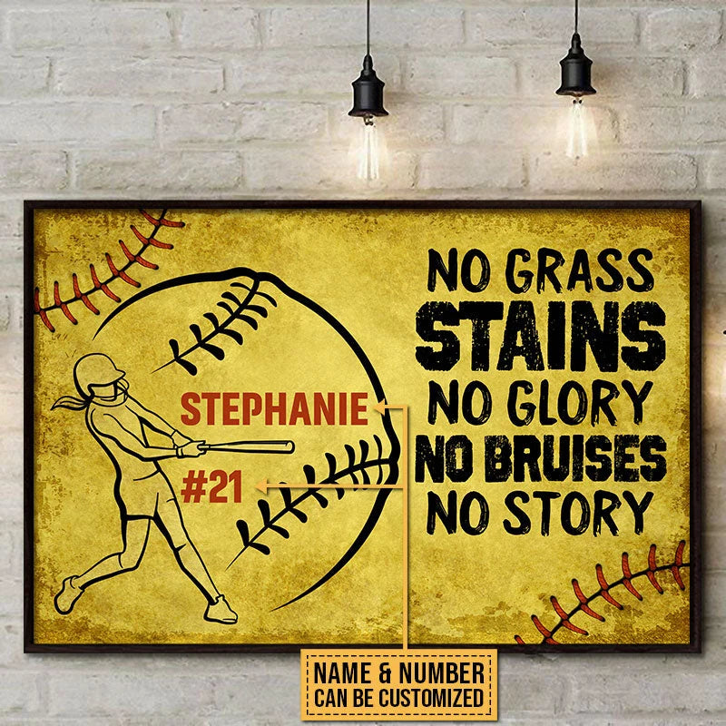 "No Grass Stains No Glory" Personalized Softball Canvas / Poster - Custom Wall Art Gift for Players