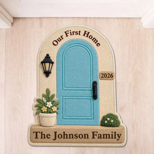 Our First Home Personalized Shaped Doormat - Custom Housewarming Welcome Mat for Family