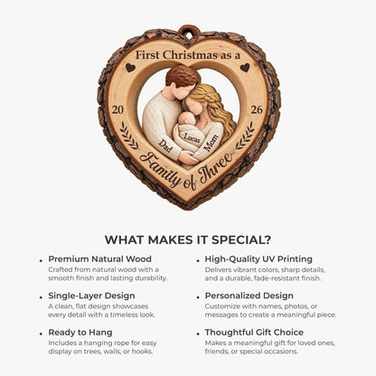 First Christmas as a Family of Three - Personalized Wooden Ornament for New Parents