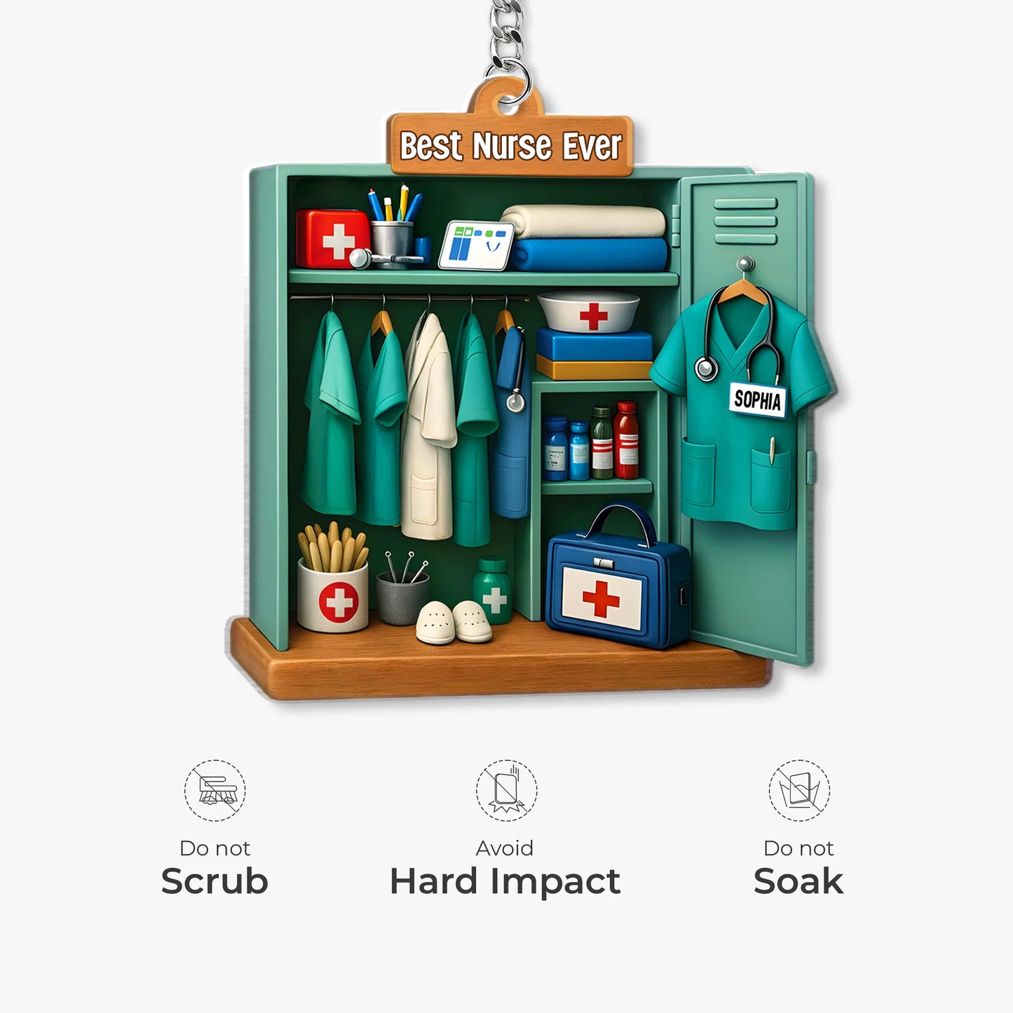 Keychain material and size view - Personalized Nurse Keychain