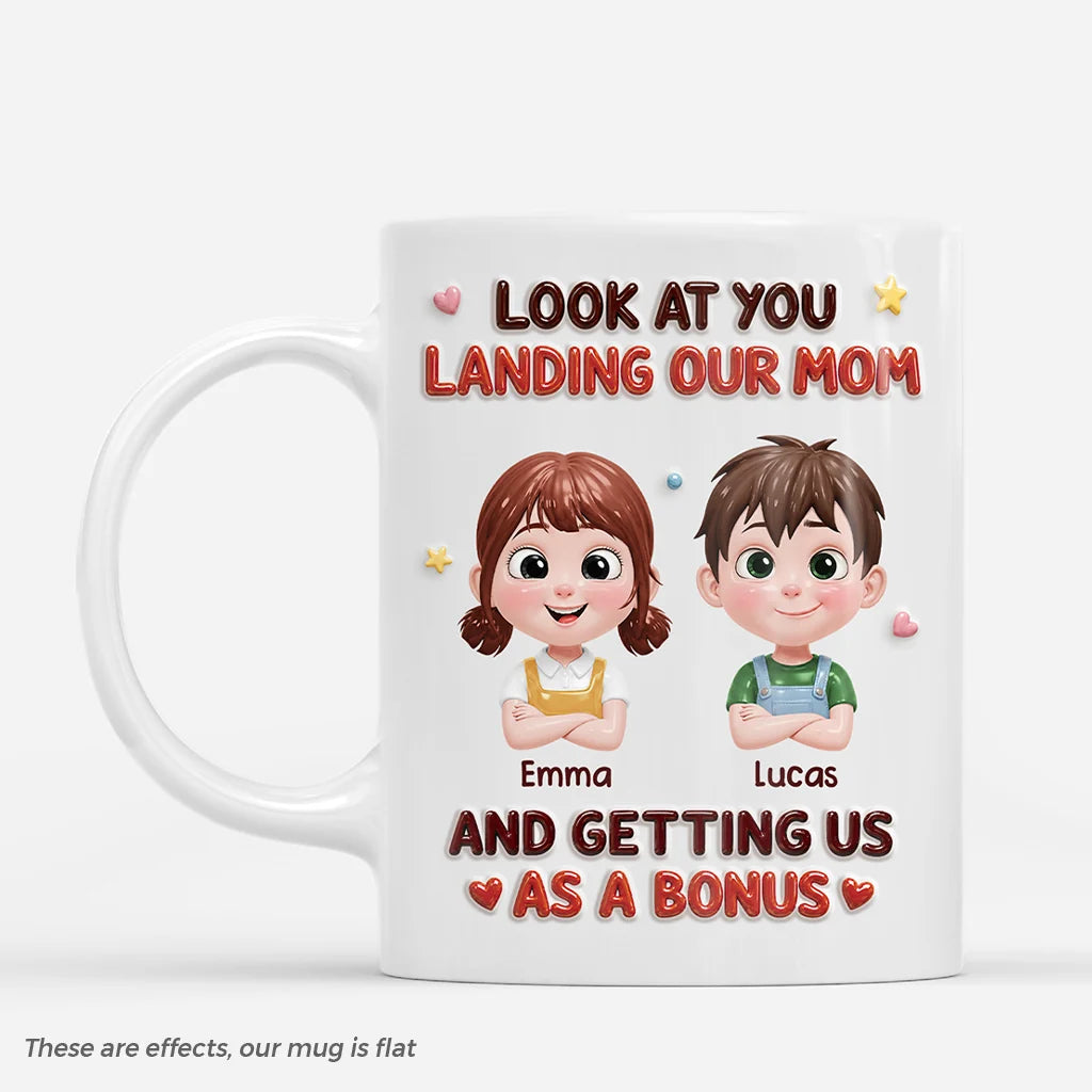 Look At You Landing Our Mom Personalized Mug - Custom Birthday Gifts for Stepdad Bonus Dad