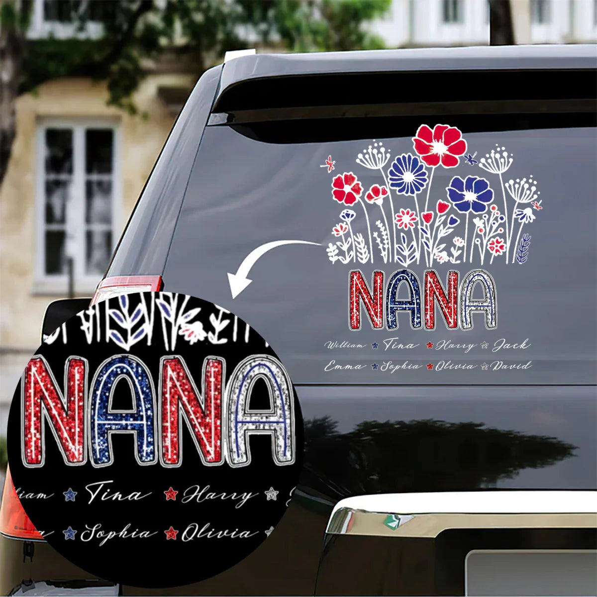 Personalized grandma car decal featuring red, white, and blue flowers with custom grandchildren names on a vehicle window.