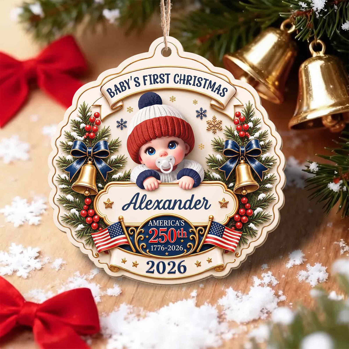 "Baby’s First Christmas" Personalized Wooden Ornament - America’s 250th Anniversary Keepsake for New Parents