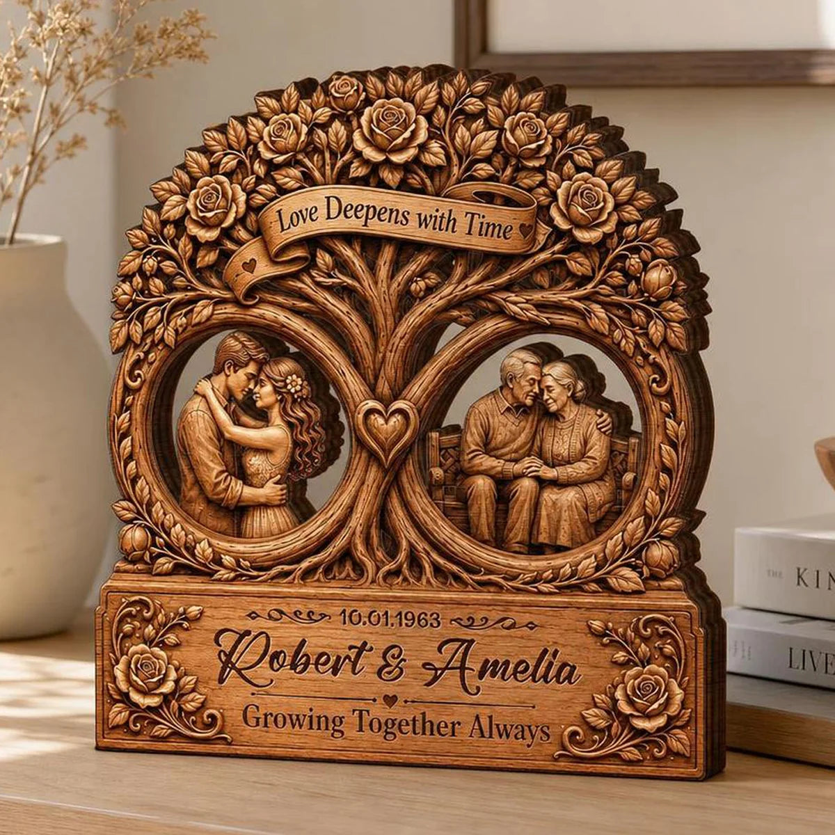"Love Deepens With Time Tree" Personalized Wooden Block - Custom Anniversary Keepsake Gift for Couples