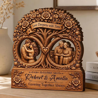 "Love Deepens With Time Tree" Personalized Wooden Block - Custom Anniversary Keepsake Gift for Couples