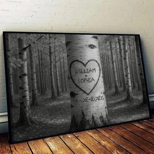 Custom Tree Carving Heart Canvas / Poster - Personalized Couple Name Anniversary Wall Art