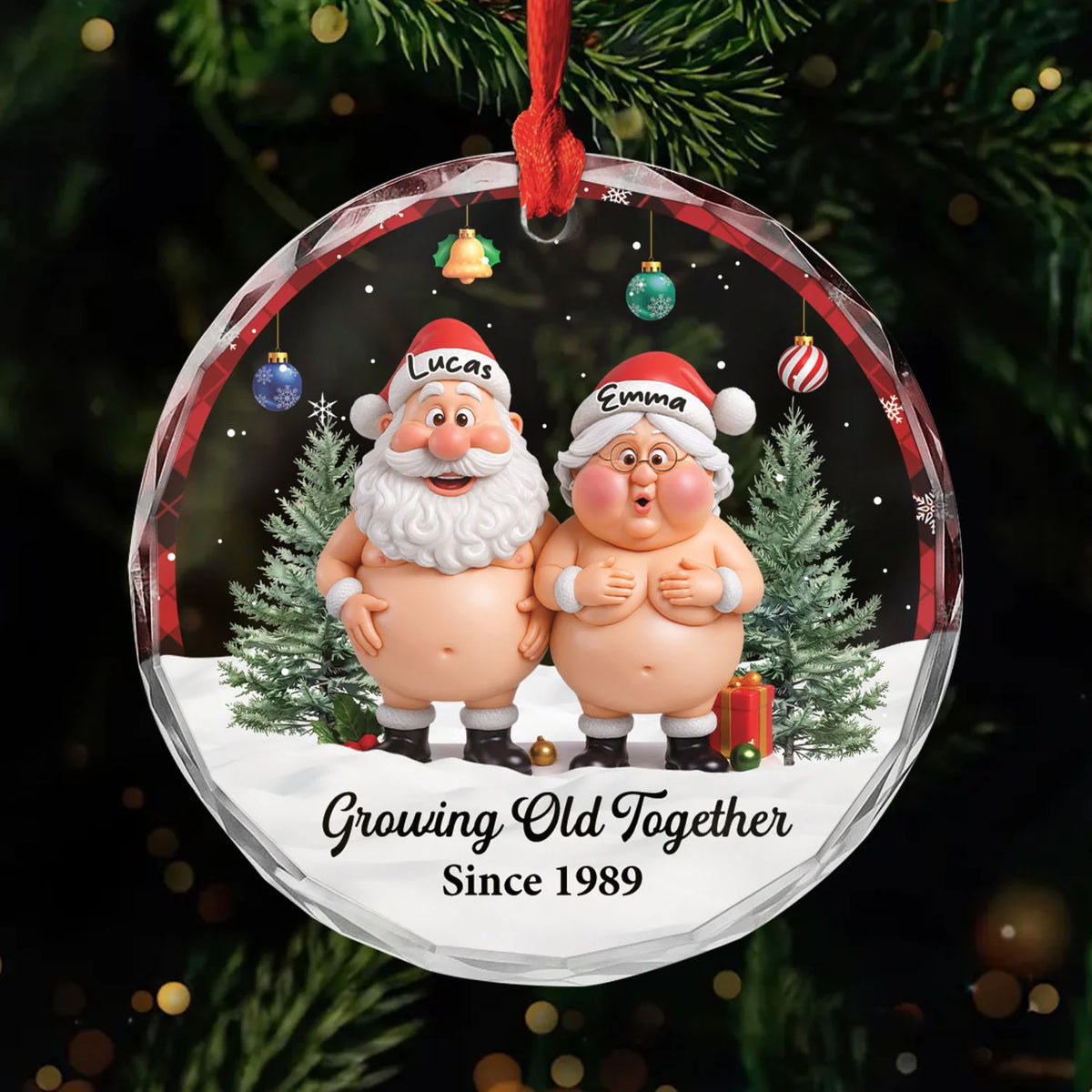 Growing Old Together Personalized Glass Ornament for Couples - Custom Funny Santa Christmas Keepsake
