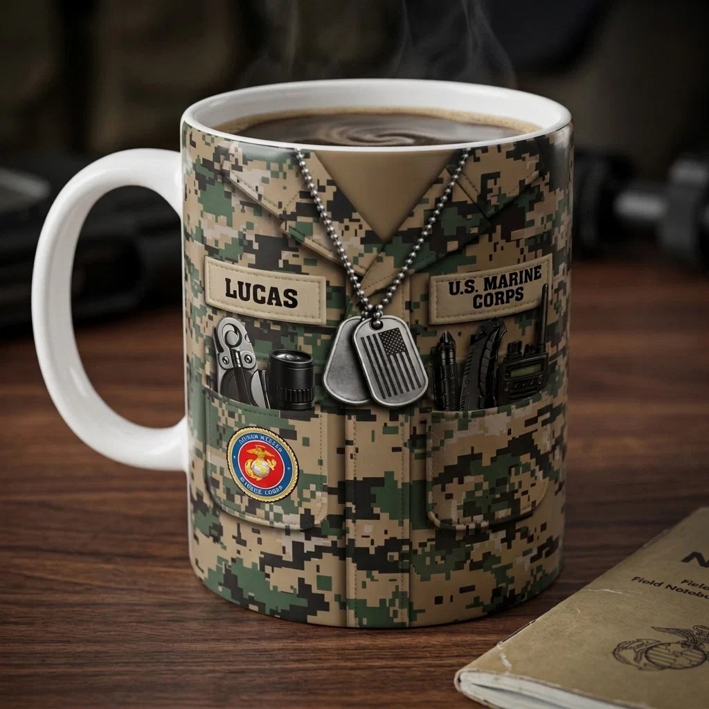 Personalized Military Camo Uniform Mug - Custom Name Coffee Cup Gift for Veterans