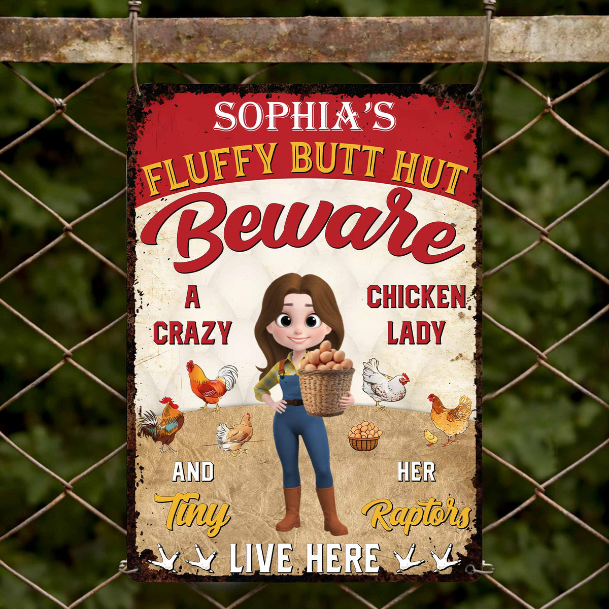 "Beware A Crazy Chicken Lady And Her Tiny Raptors Live Here" - Personalized Metal Sign Funny Farm Gift