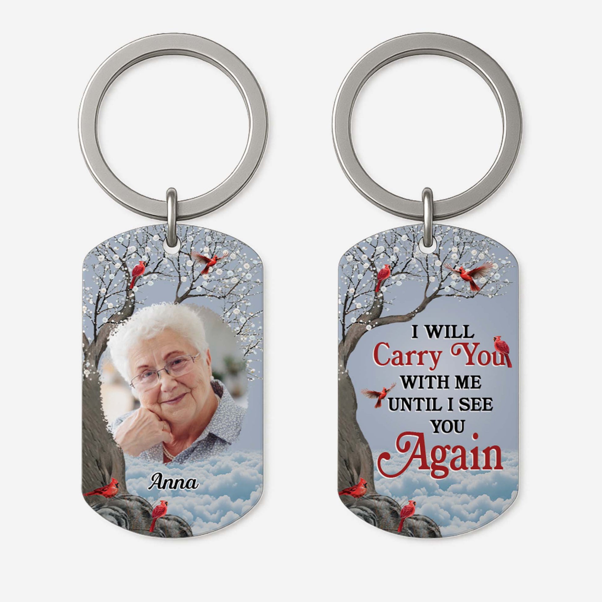 Personalized photo memorial keychain with red cardinal design and remembrance quote for loss of a loved one
