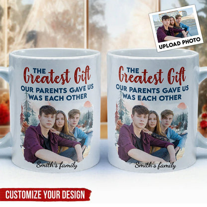 Custom sibling photo mug with text The Greatest Gift Our Parents Gave Us Was Each Other for family birthday gift