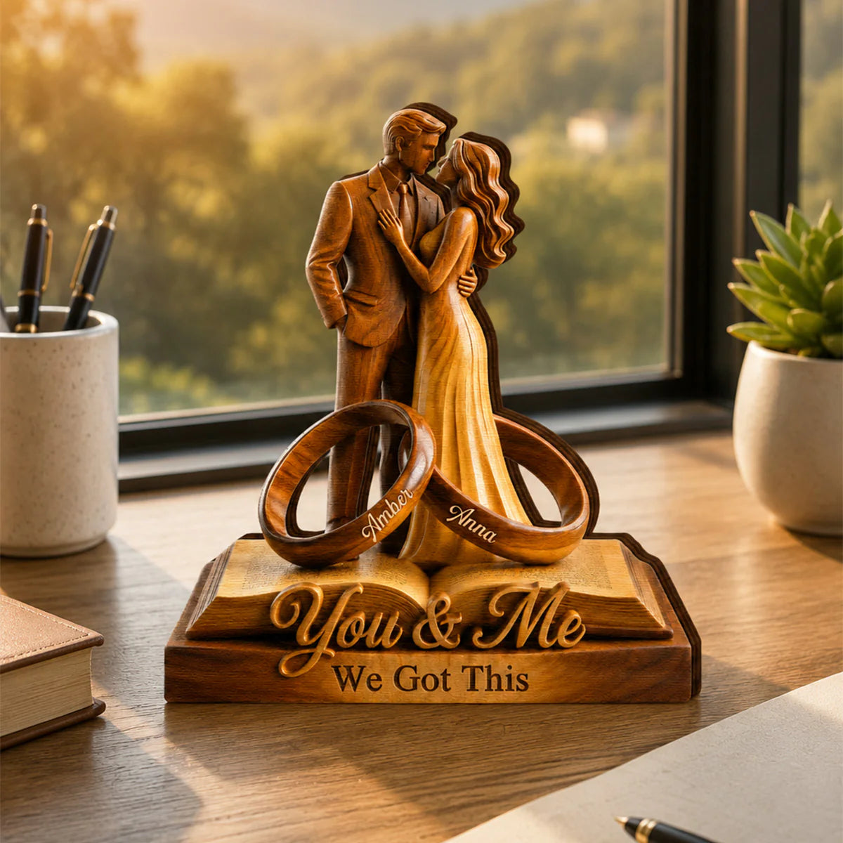 Custom couple anniversary plaque featuring two rings engraved with names on a wooden book stand image 7