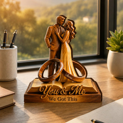 Custom couple anniversary plaque featuring two rings engraved with names on a wooden book stand image 7