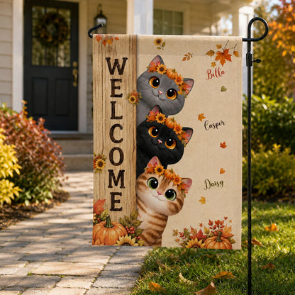 Welcome Cozy Fall Peeking Cats Personalized Garden Flag - Custom Cat Lovers Autumn Yard Decor
