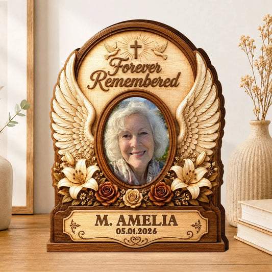Forever Remembered Angel Wings - Personalized Memorial Wooden Block for Family Keepsake