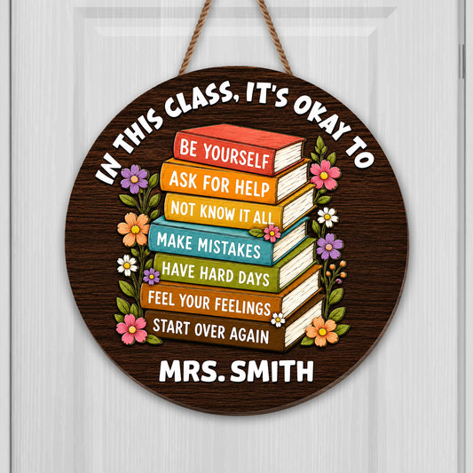 Personalized teacher gifts featuring a custom shaped wood sign with stacked books and a classroom rules quote for Mrs. Smith.