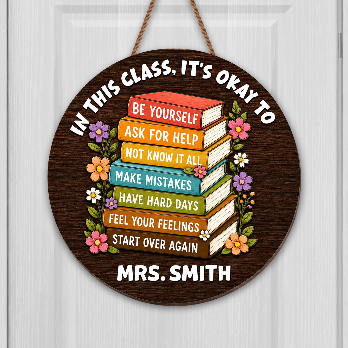 Personalized teacher gifts featuring a custom shaped wood sign with stacked books and a classroom rules quote for Mrs. Smith.