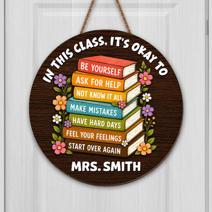 Personalized teacher gifts featuring a custom shaped wood sign with stacked books and a classroom rules quote for Mrs. Smith.