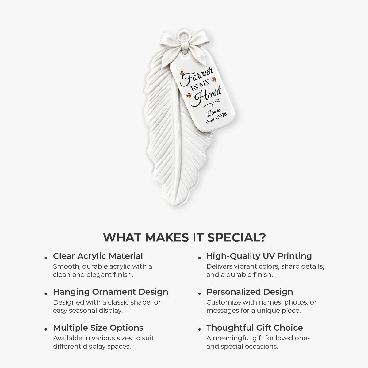 Forever in My Heart Personalized Memorial Feather Ornament - Custom Remembrance Sympathy Gift for Family