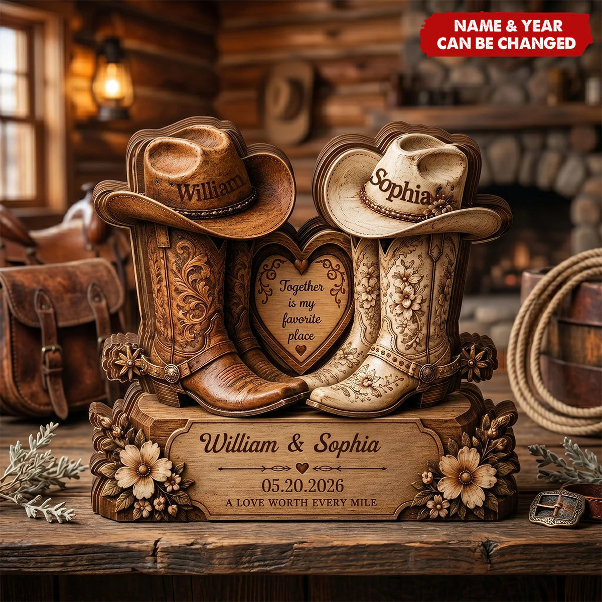 Personalized cowboy boots wooden plaque with custom names and anniversary date for country couples