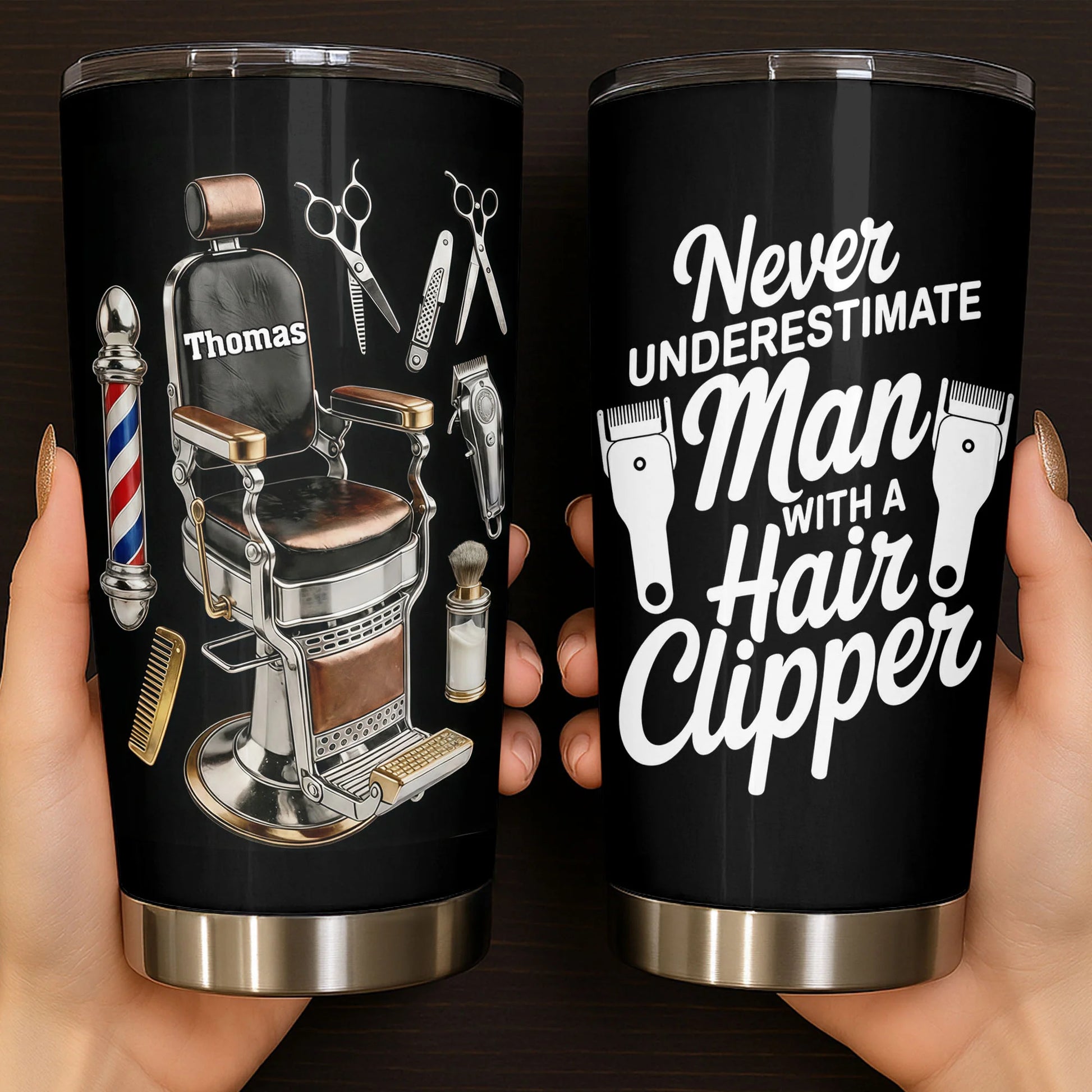 Personalized barber tumbler with vintage barber chair tools design and hair clipper quote gift for men image 6