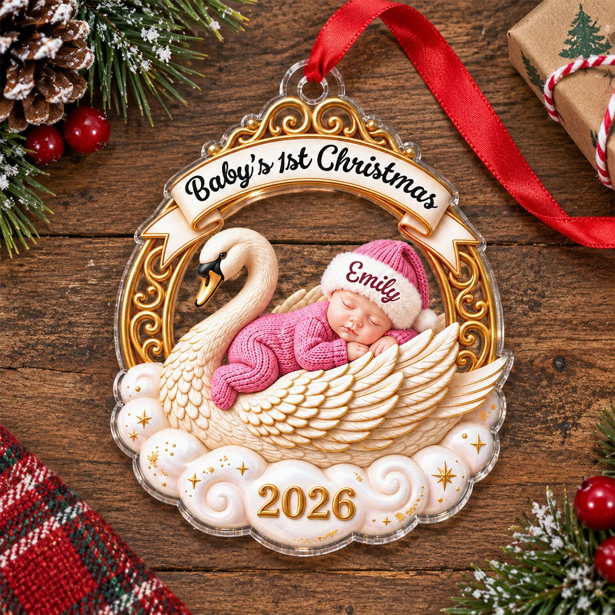 Baby's 1st Christmas Sleeping Swan Custom Acrylic Ornament - Personalized First Christmas Keepsake Gift for New Parents