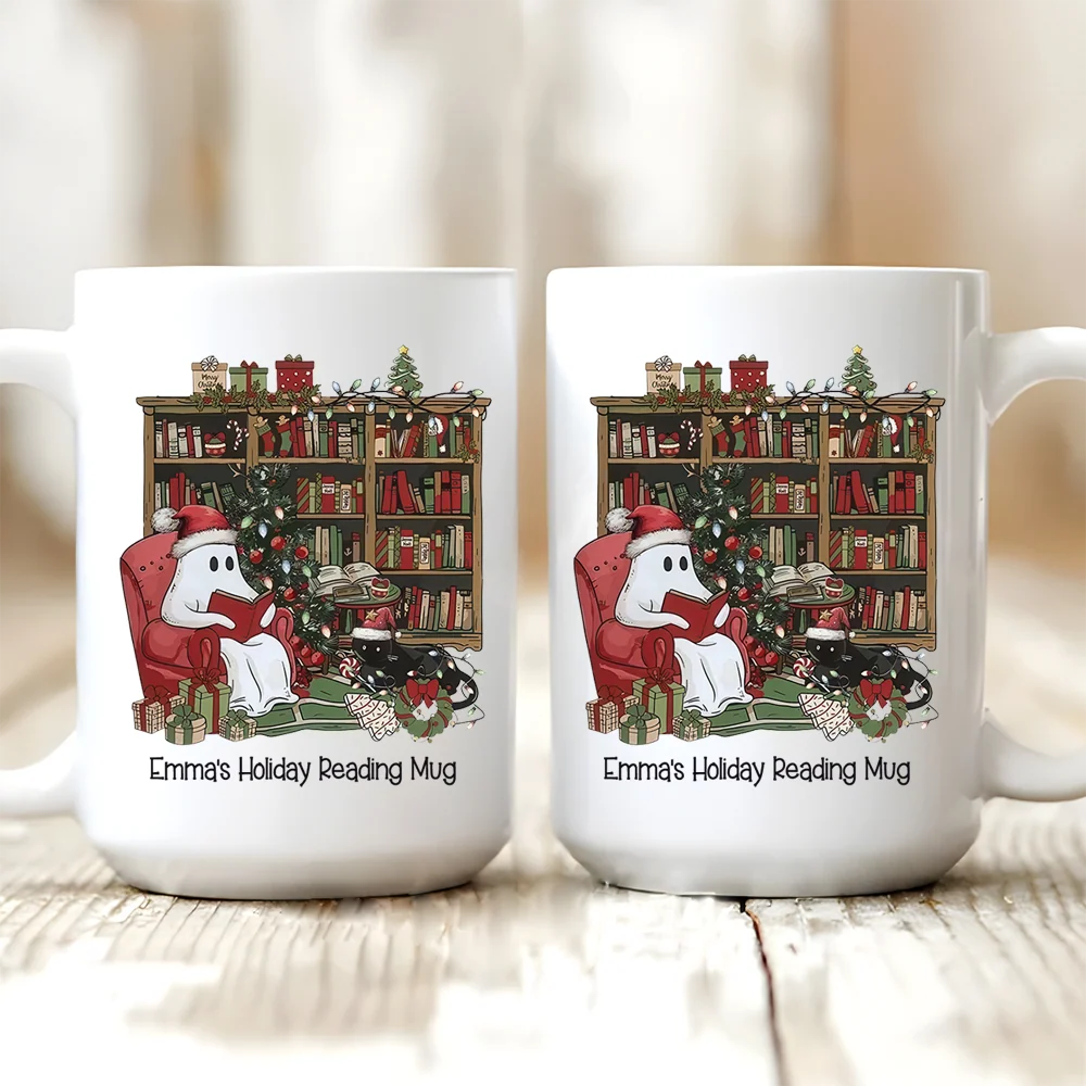 Custom Holiday Reading Mug - Personalized Christmas Ghost Book Lovers Ceramic Mug