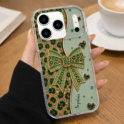 Custom name clear phone case with purple sparkling glitter bow design for iPhone and Samsung image 9