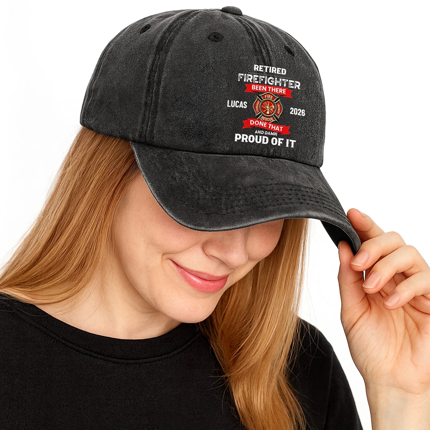 Custom Retired Firefighter Denim Hat for Dad with personalized design details for meaningful gifting image 6