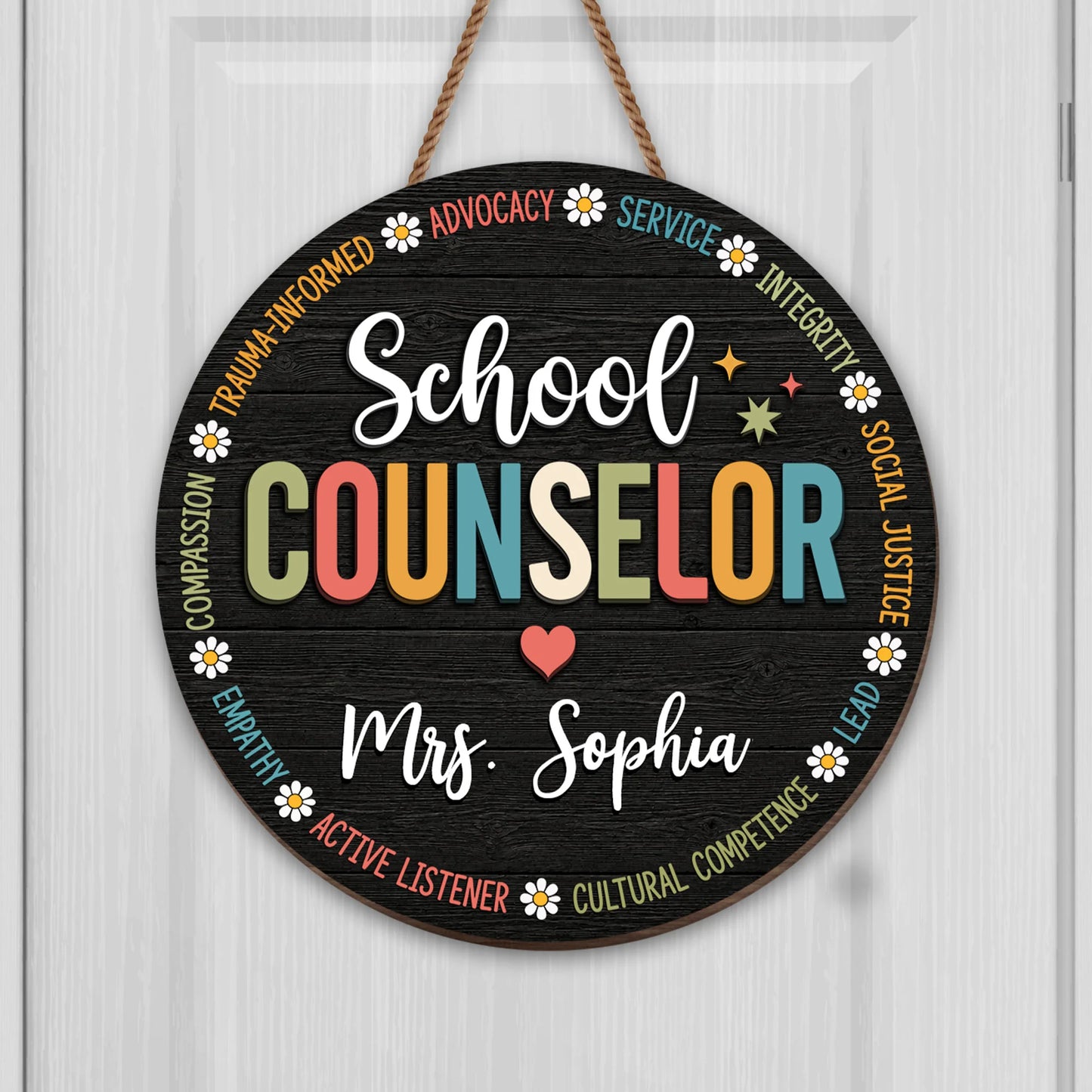 Personalized school counselor wooden sign with daisy flowers and custom name print for office decor