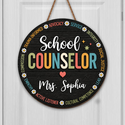 Personalized school counselor wooden sign with daisy flowers and custom name print for office decor