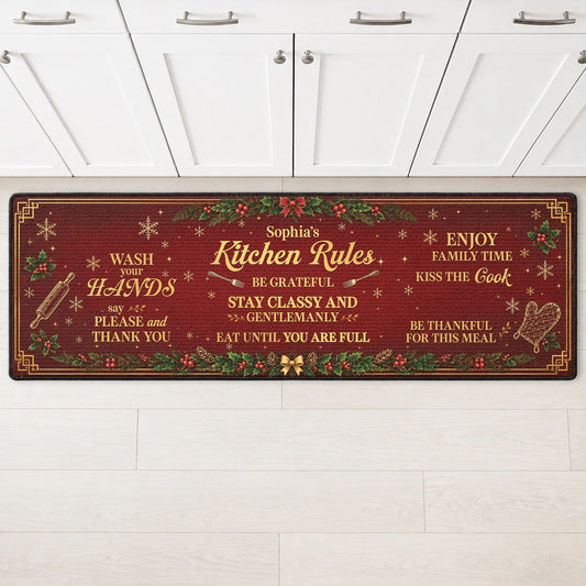 Kitchen Rules Personalized Runner Rug - Custom Christmas Holiday Mat for Family