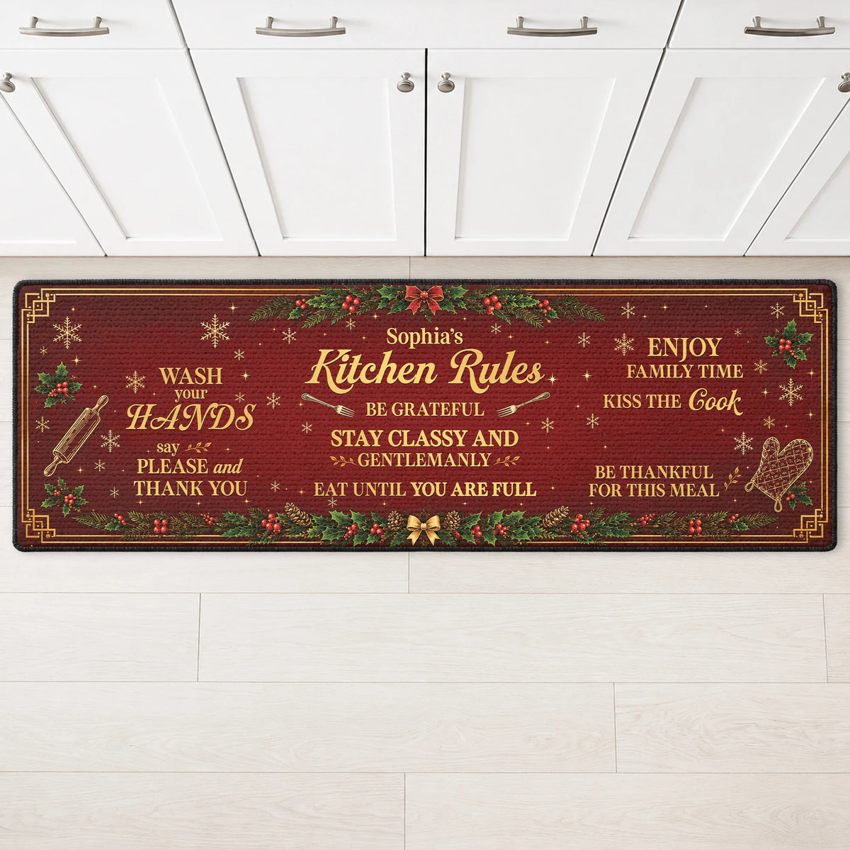 Kitchen Rules Personalized Runner Rug - Custom Christmas Holiday Mat for Family