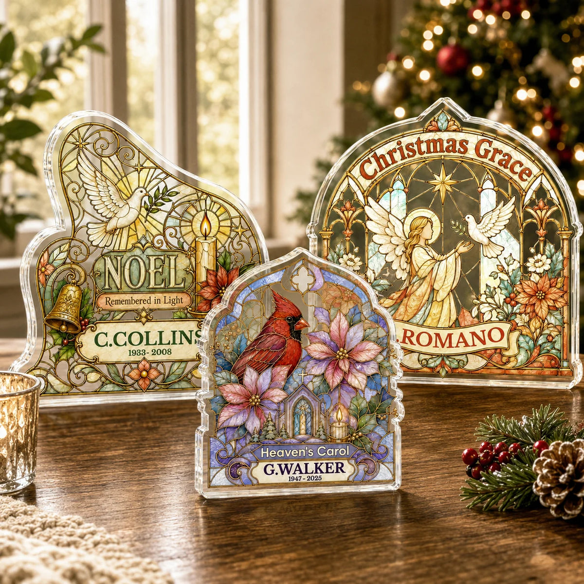 Noel Remembered In Light Personalized Memorial Acrylic Plaque - Family Christmas Tribute