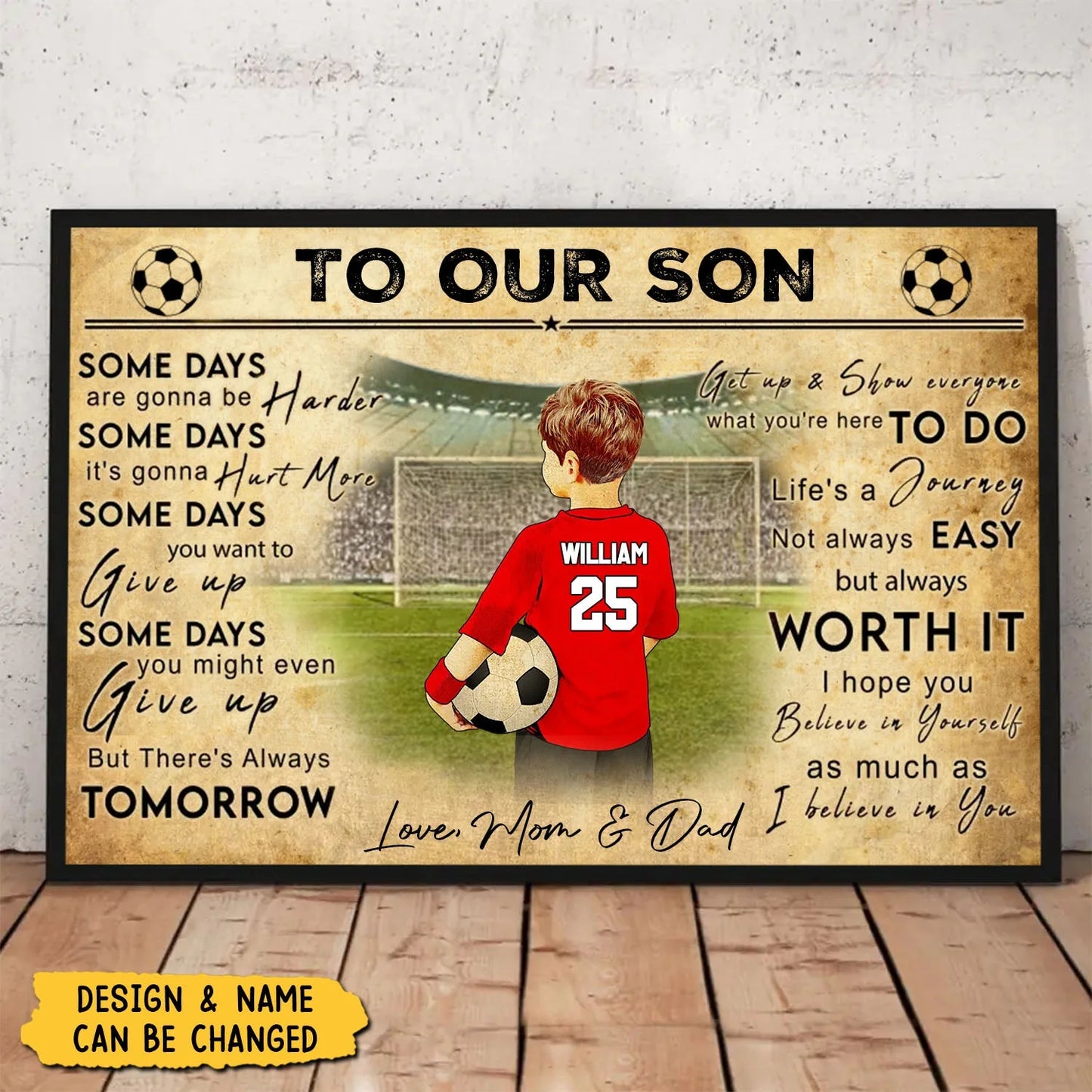 Personalized soccer canvas wall art featuring custom name and jersey numbers with believe in yourself quote image 6