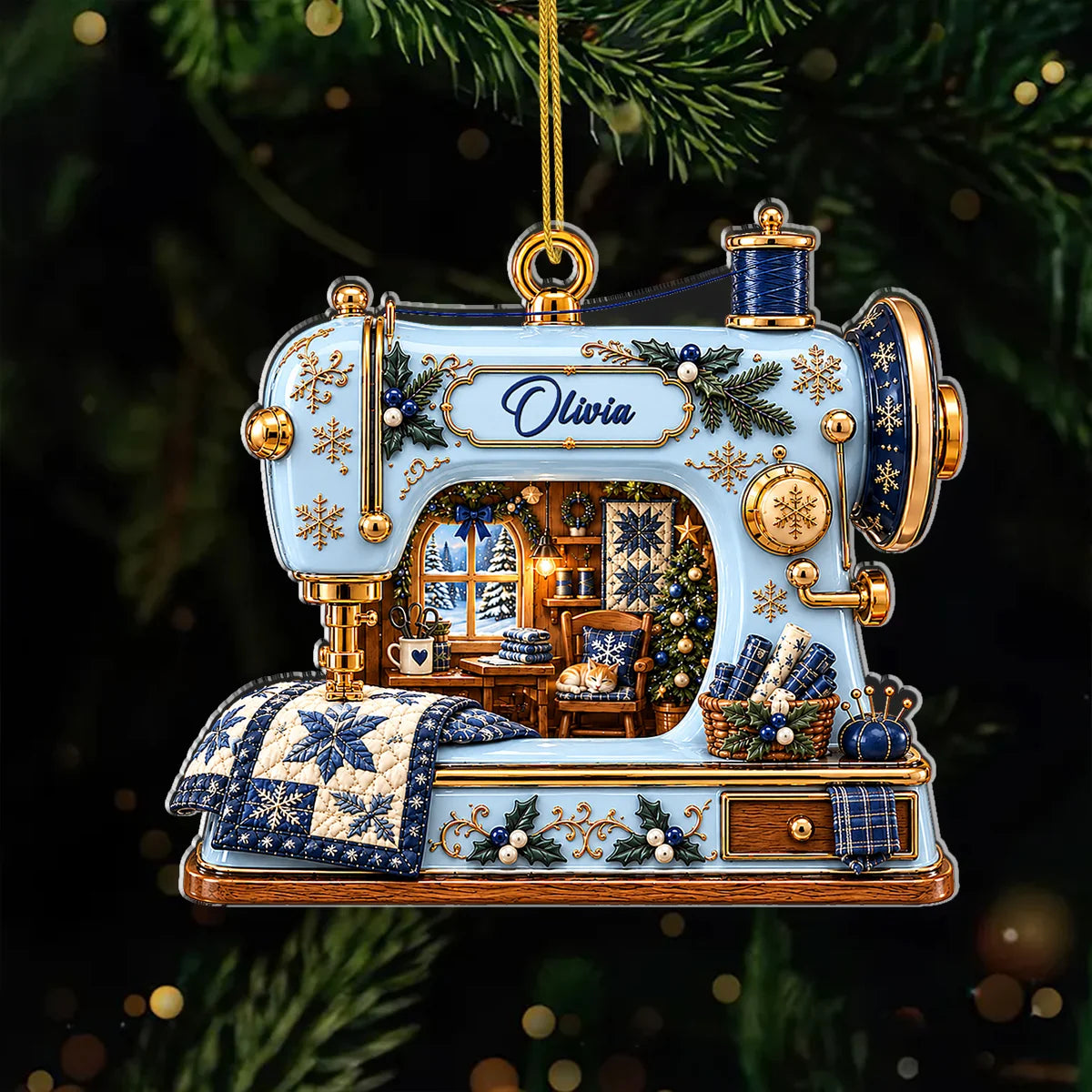 Vintage Quilt Sewing Machine Personalized Acrylic Ornament - Christmas Decor Gift for Sewers